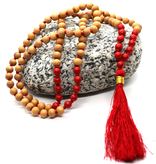 Sandalwood mala 6mm, 108 beads rosary, sandalwood japa with Red Coral mala necklace, hindu meditation buddhist tibetan prayer beads Premium