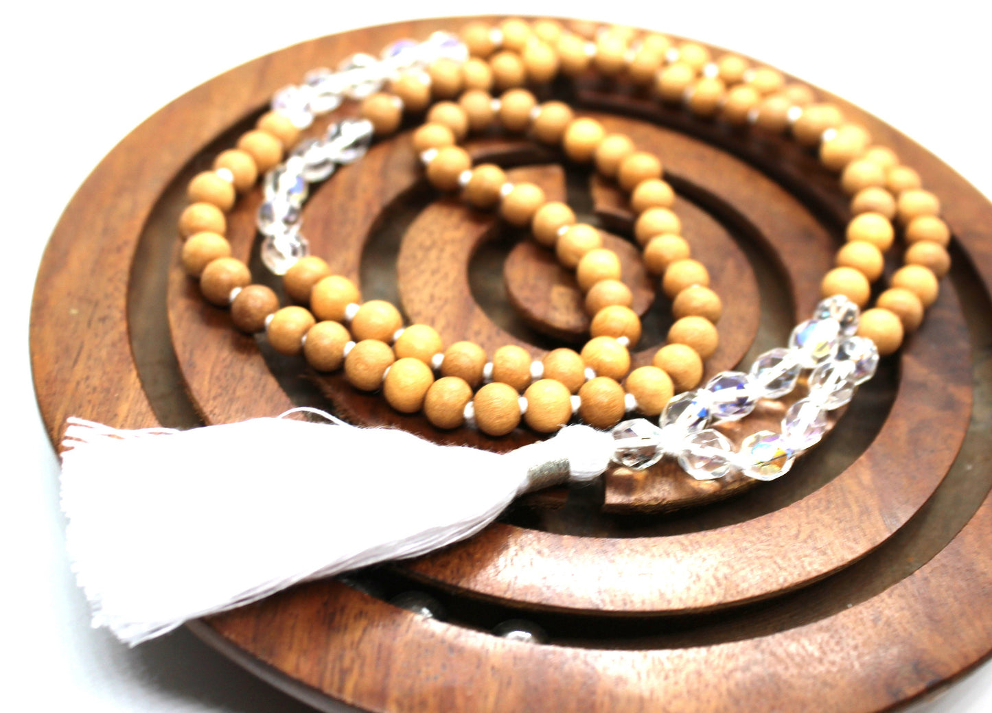 Sandalwood mala 6mm, 108 beads rosary, sandalwood japa with diamond cut fire glass beads necklace, hindu meditation buddhist prayer beads