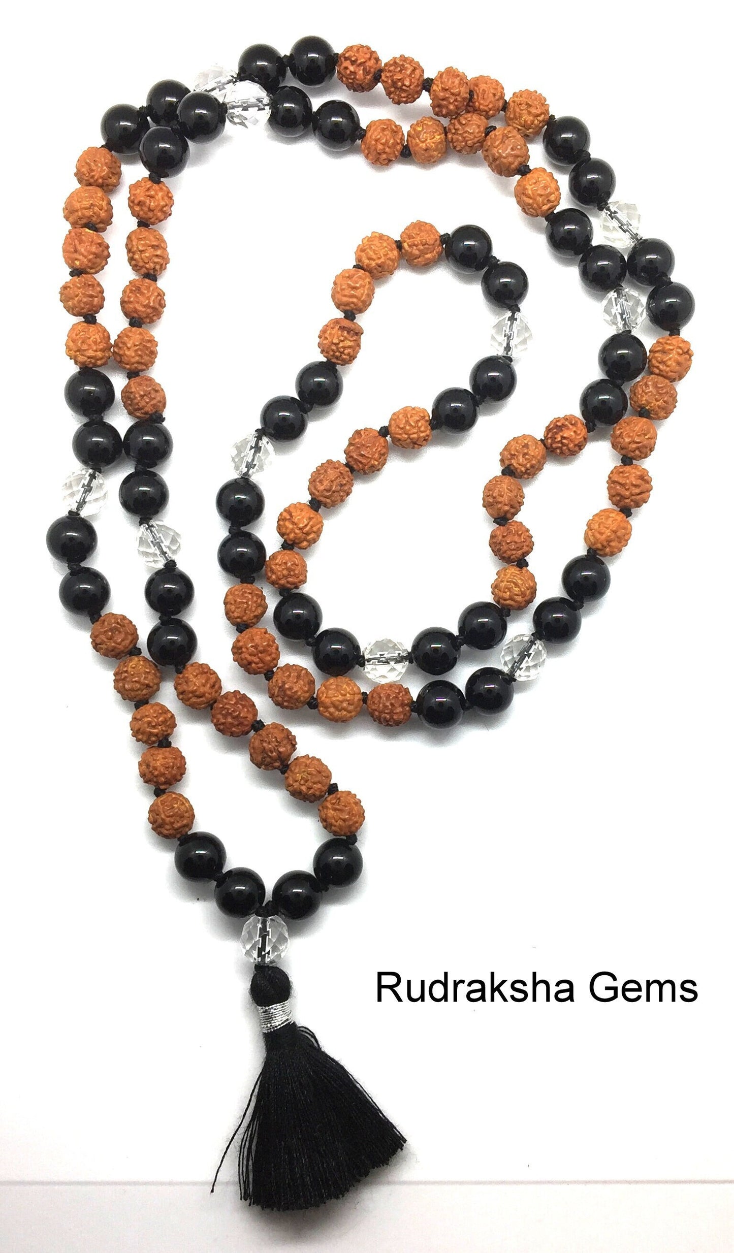 108 Rudraksha Mala Beaded Necklace, Mala Bead Necklace +Crystal Black Onyx Gemstones, Tibetan Buddhist Prayer Beads, Healing Meditation Yoga