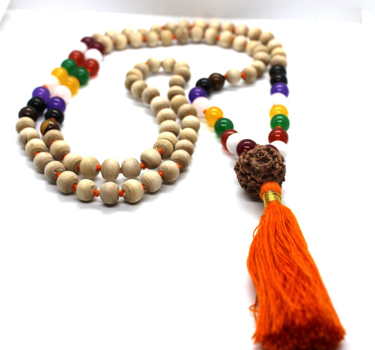 Premium Tulsi Mala with PLANETARY Crystals Hindu Chant Yoga Meditation Hare Rama ISKCON Set with Rudraksha Guru bead, 8mm Tulsi Round beads