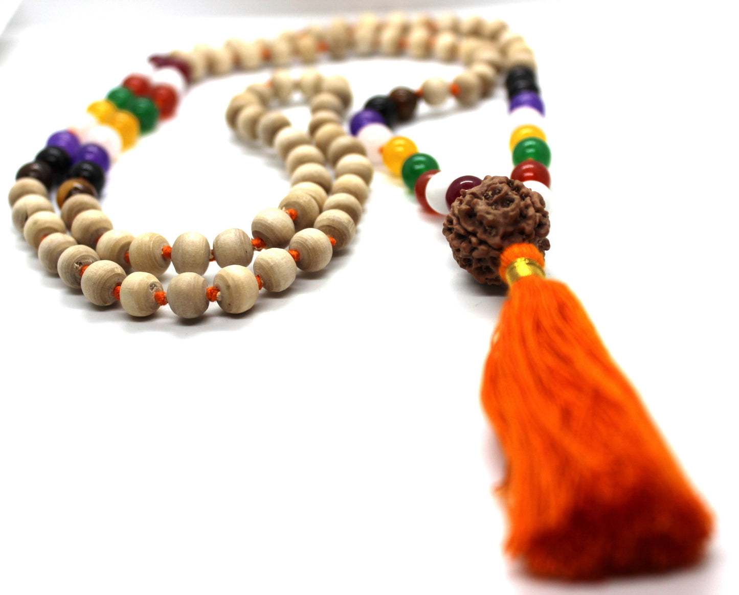 Premium Tulsi Mala with PLANETARY Crystals Hindu Chant Yoga Meditation Hare Rama ISKCON Set with Rudraksha Guru bead, 8mm Tulsi Round beads