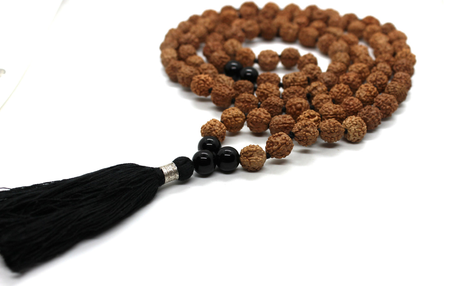 108 Rudraksha Mala - Black Onyx Guru bead, 108 Japa Mala Beads Knotted Prayer Beads, Onyx Unisex Necklace, Black Gemstone Meditation Mala