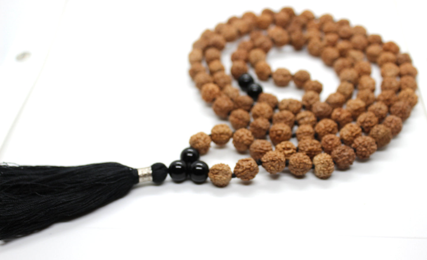 108 Rudraksha Mala - Black Onyx Guru bead, 108 Japa Mala Beads Knotted Prayer Beads, Onyx Unisex Necklace, Black Gemstone Meditation Mala