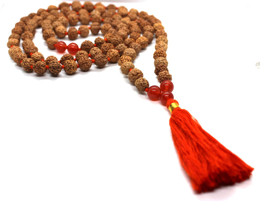 Carnelian and Rudraksha Mala Necklace - Prayer Beads Meditation Mantra 108 Mala Yoga Japa Hindu Knotted Rosary, Sacral Chakra Carnelian Mala