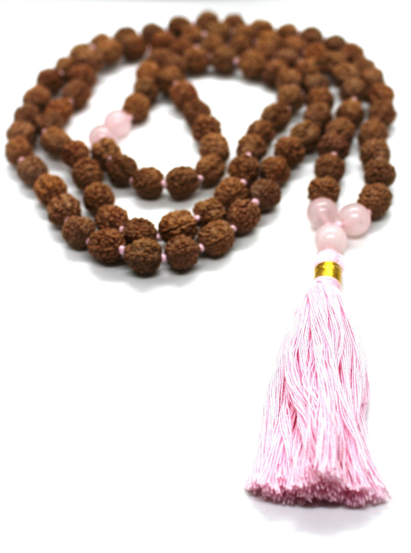 Rudraksha - Rose Quartz Mala Necklace, 108 Prayer Beads Mala Knotted Rudraksha Mala Beads, Rose Quartz Necklace, Japa Mala, Gemstone Mala