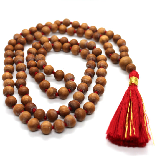 Natural Fragrant 100+1 Beads Sandalwood Handmade Mala Hindu Prayer Beads Mala Yoga Mediation Chandan Mala Handmade With Red cotton Tassel OM