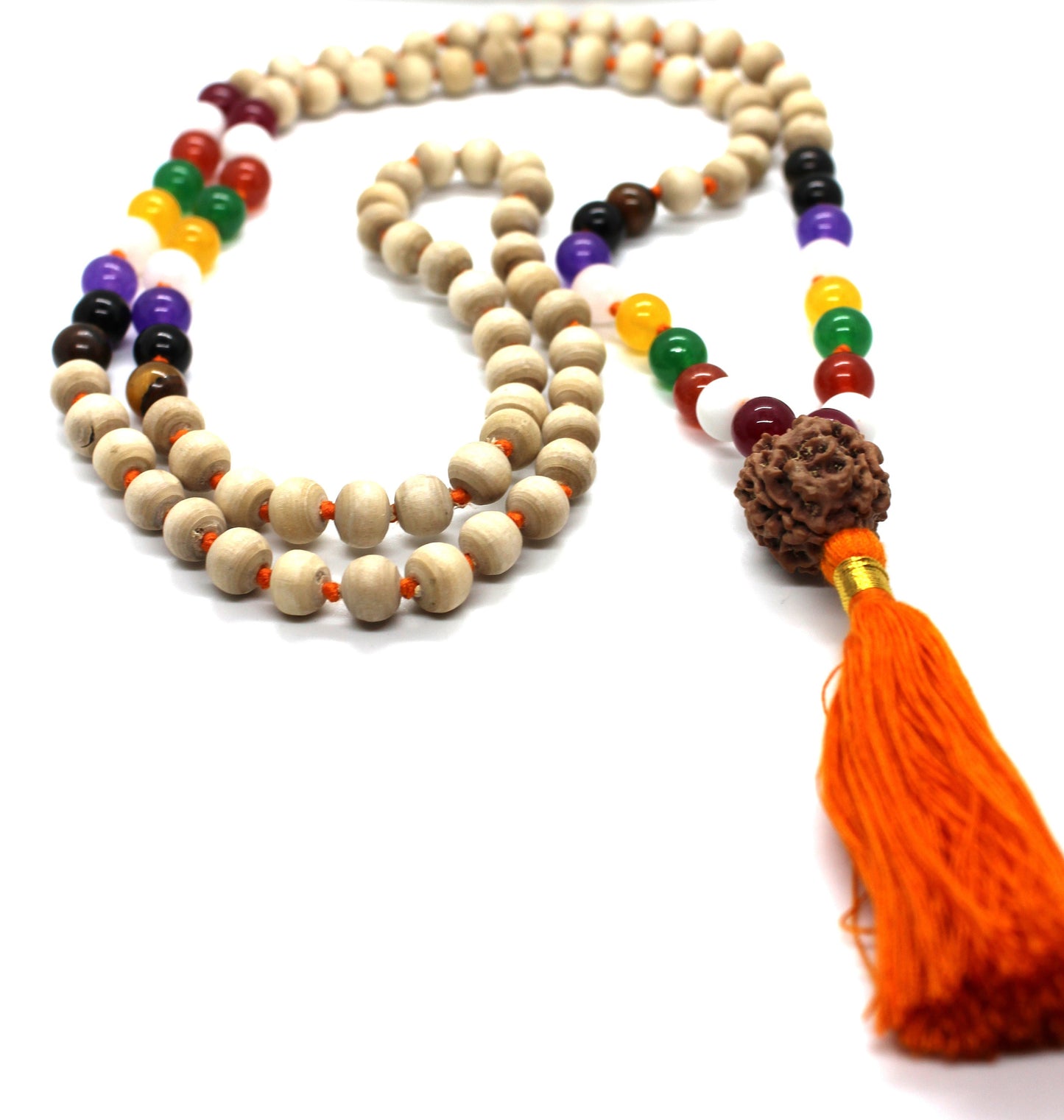 Premium Tulsi Mala with PLANETARY Crystals Hindu Chant Yoga Meditation Hare Rama ISKCON Set with Rudraksha Guru bead, 8mm Tulsi Round beads