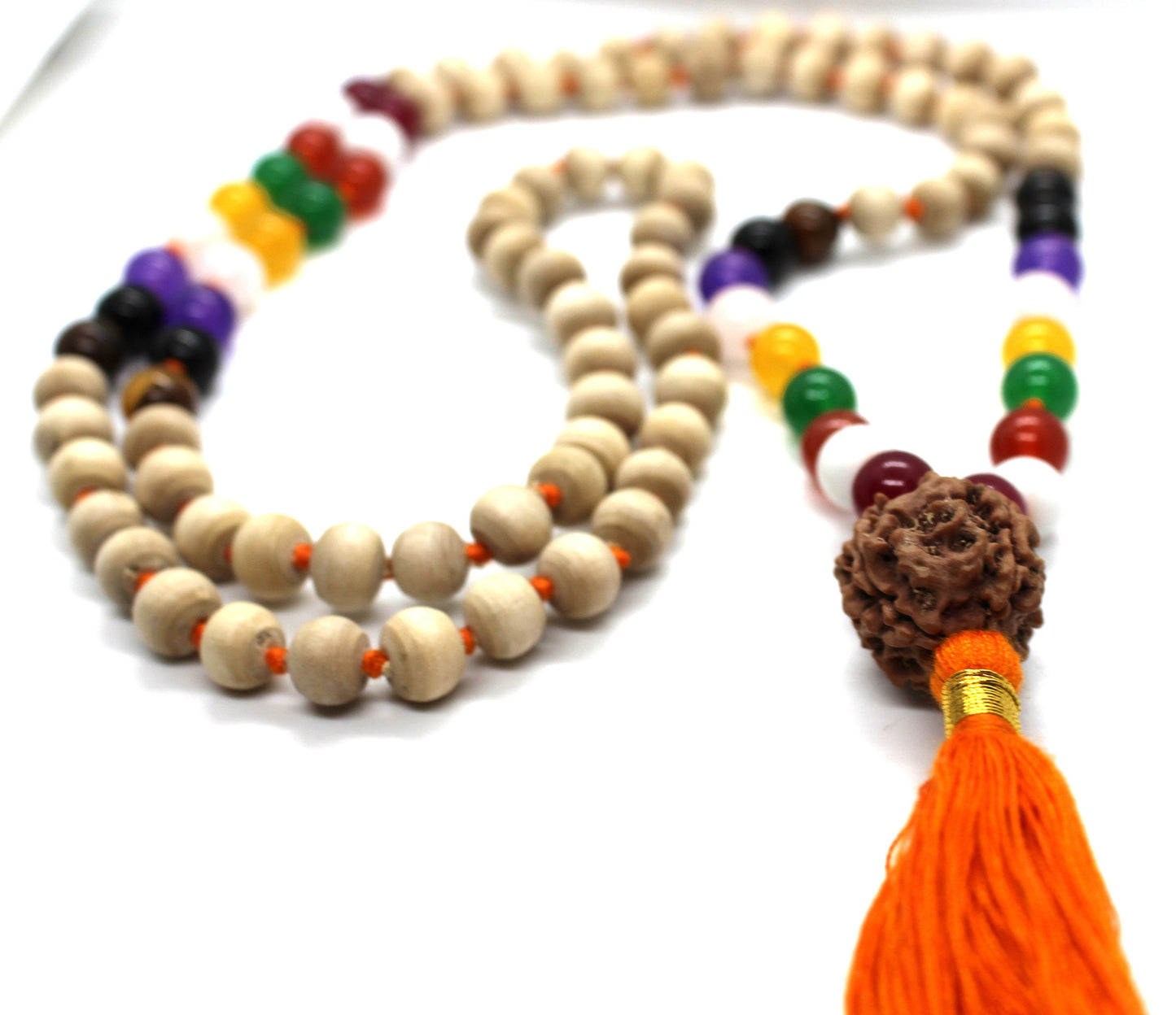 Premium Tulsi Mala with PLANETARY Crystals Hindu Chant Yoga Meditation Hare Rama ISKCON Set with Rudraksha Guru bead, 8mm Tulsi Round beads