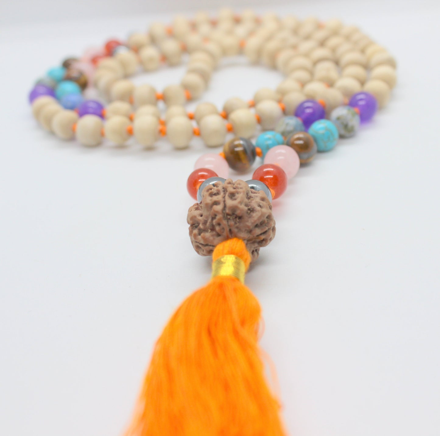 Premium Tulsi Mala with 7 CHAKRA Crystals Hindu Chant Yoga Meditation Hare Rama ISKCON Set with Rudraksha Guru bead, 8mm Tulsi Round beads