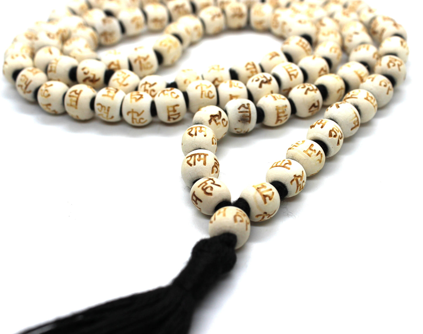 108 Tulsi Holy Basil Hand Knotted Mala engraved Hare Rama Hare Krishna beads Necklace , Yoga Meditation, Prayer Beads mala rosary Om prayer