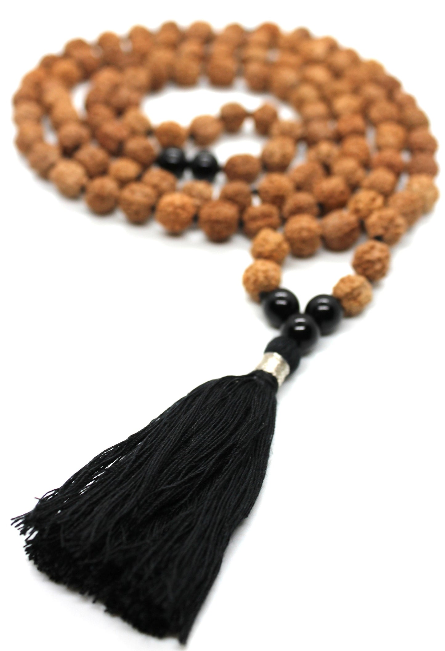 108 Rudraksha Mala - Black Onyx Guru bead, 108 Japa Mala Beads Knotted Prayer Beads, Onyx Unisex Necklace, Black Gemstone Meditation Mala