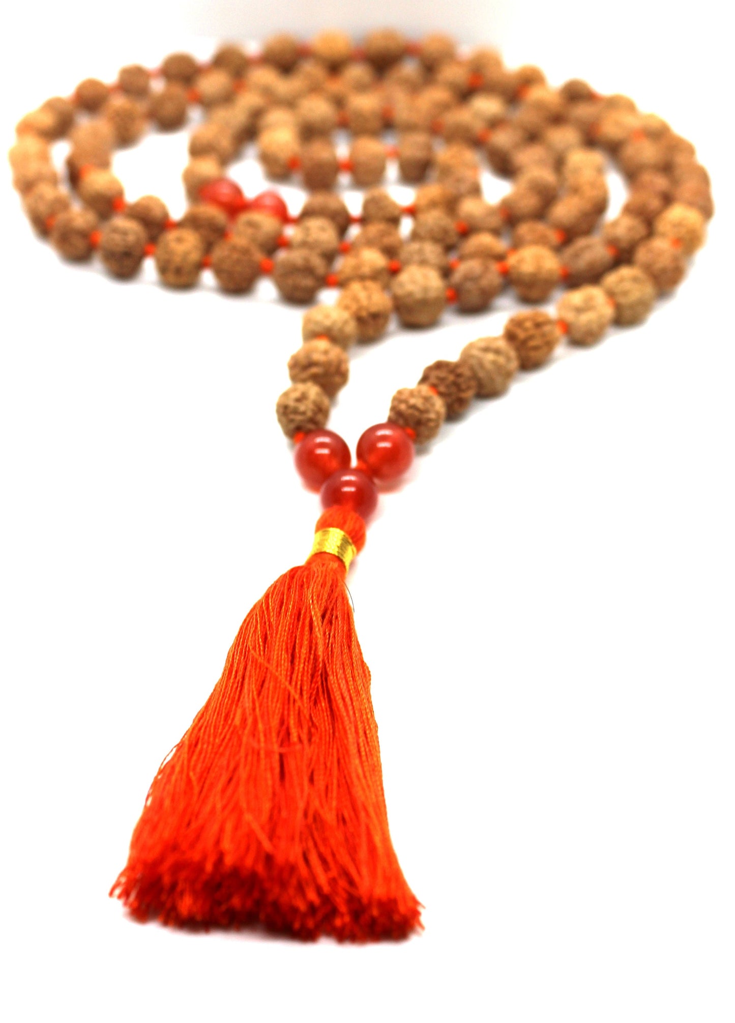 Carnelian and Rudraksha Mala Necklace - Prayer Beads Meditation Mantra 108 Mala Yoga Japa Hindu Knotted Rosary, Sacral Chakra Carnelian Mala