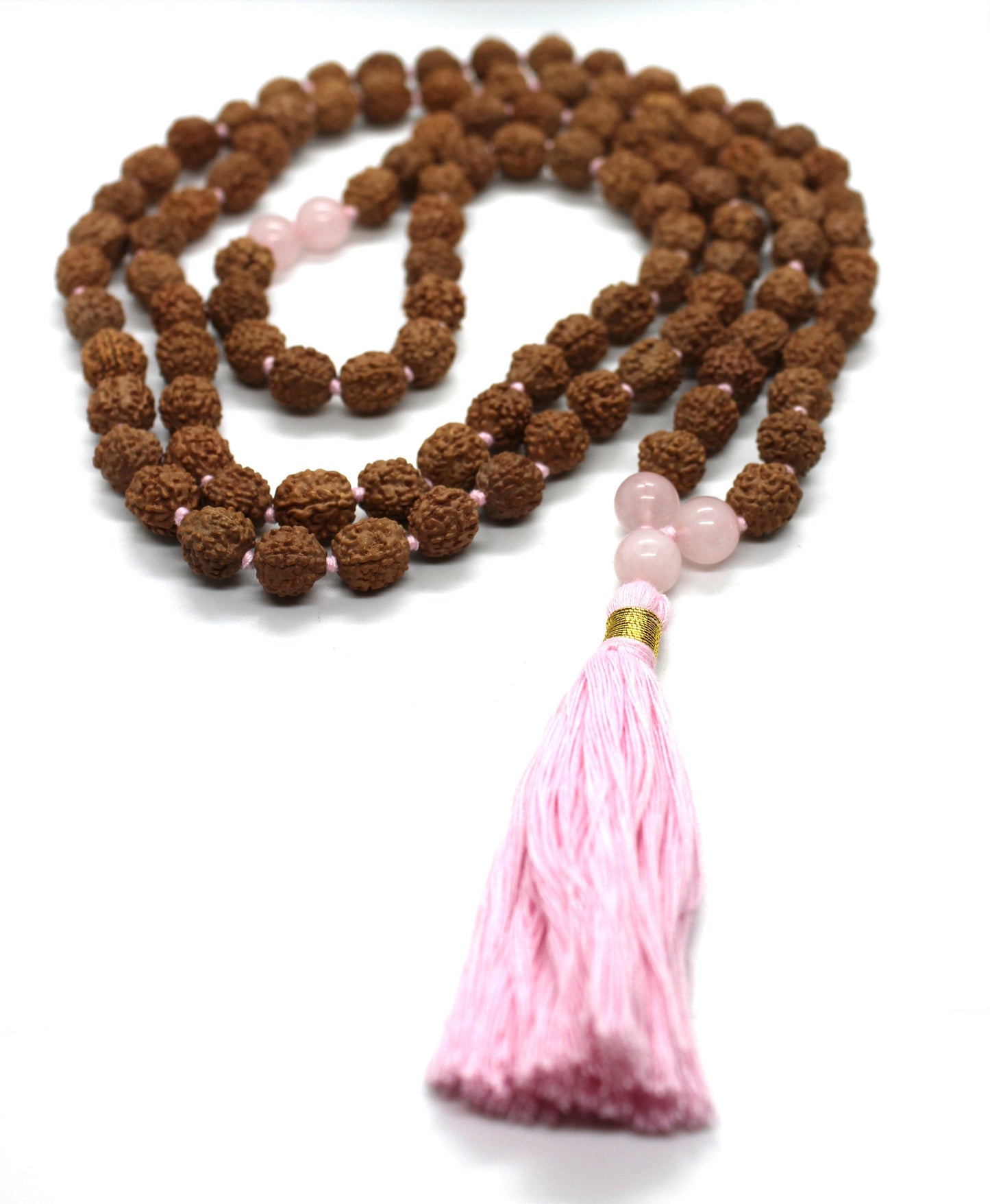 Rudraksha - Rose Quartz Mala Necklace, 108 Prayer Beads Mala Knotted Rudraksha Mala Beads, Rose Quartz Necklace, Japa Mala, Gemstone Mala