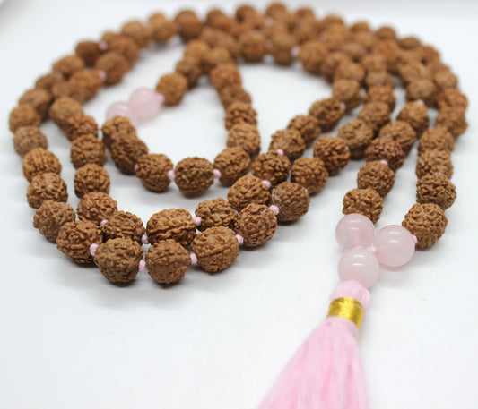 Rudraksha - Rose Quartz Mala Necklace, 108 Prayer Beads Mala Knotted Rudraksha Mala Beads, Rose Quartz Necklace, Japa Mala, Gemstone Mala