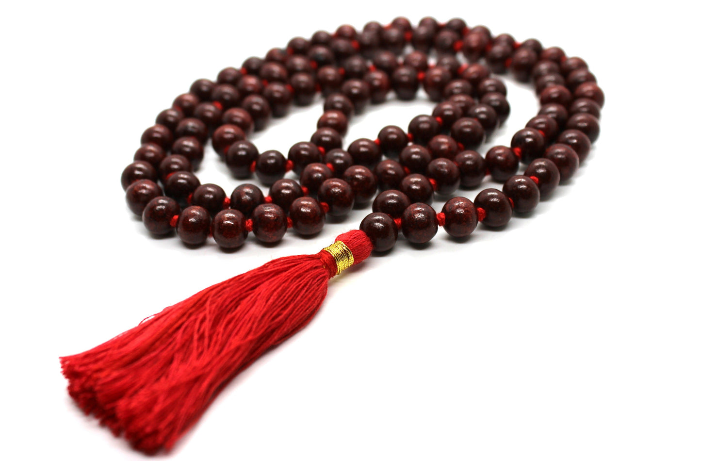 8mm Indian Rosewood with Red / Premium Cotton String TasselClassic 108 Knotted Meditation Mala | Elegant Natural Design | Yoga Necklace