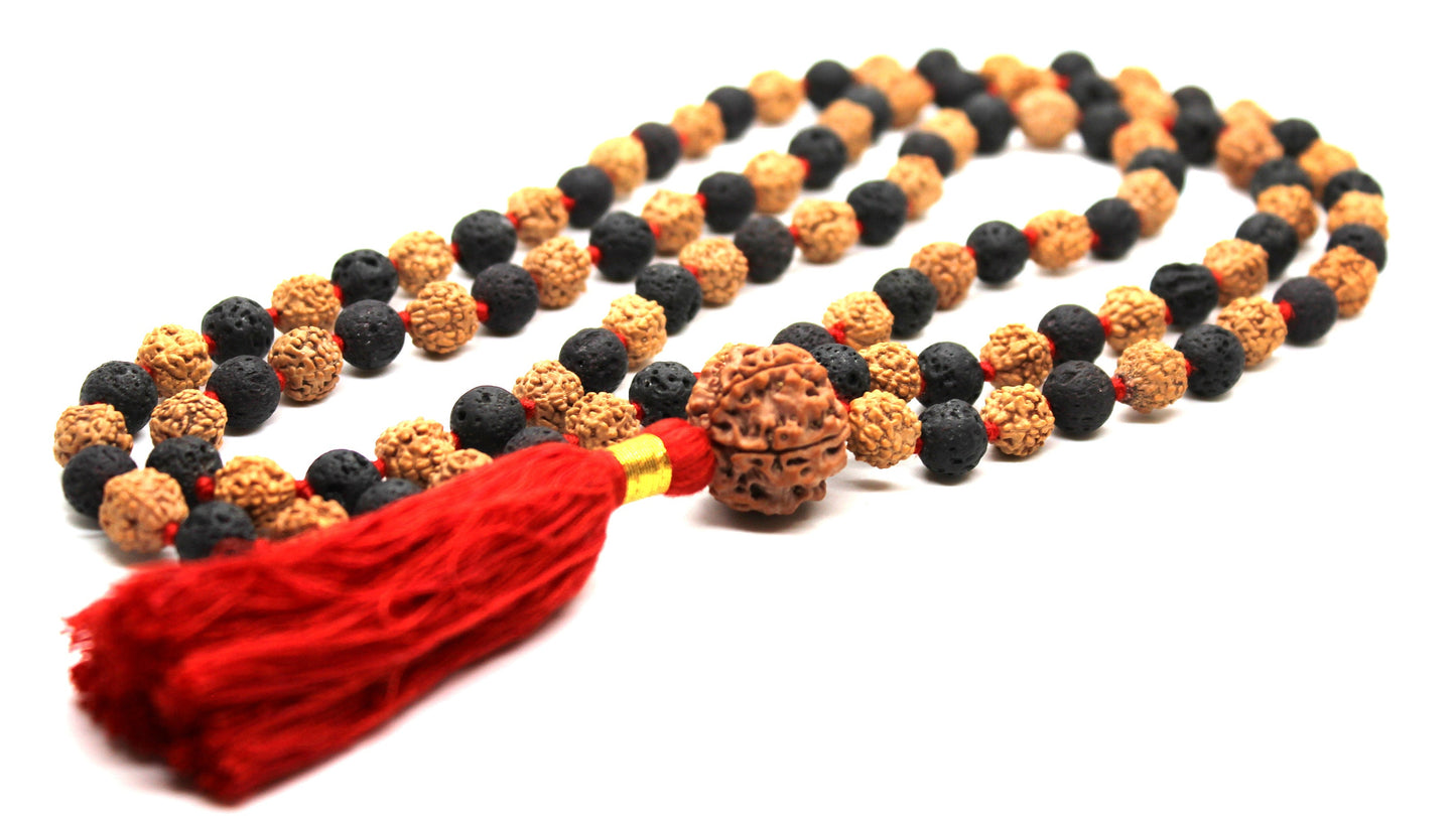 EARTH Divine Mala, Combination of Rudraksha Beads, Lava Rock Bead, Rudraksh 5 Mukhi Guru Bead Premium Mala, Lava beads mala neacklace