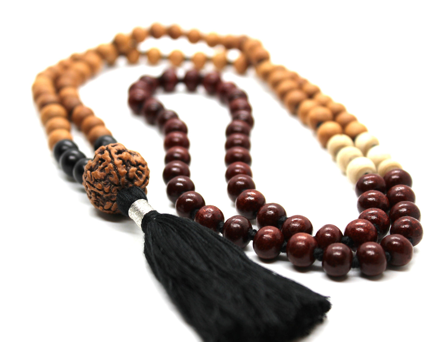 BHAKTI DEVOTION Mala, Combination of Sandalwood beads, Rosewood beads, Tulsi bead, Ebony Wood, Rudraksha Guru bead, 108 beads mala necklace