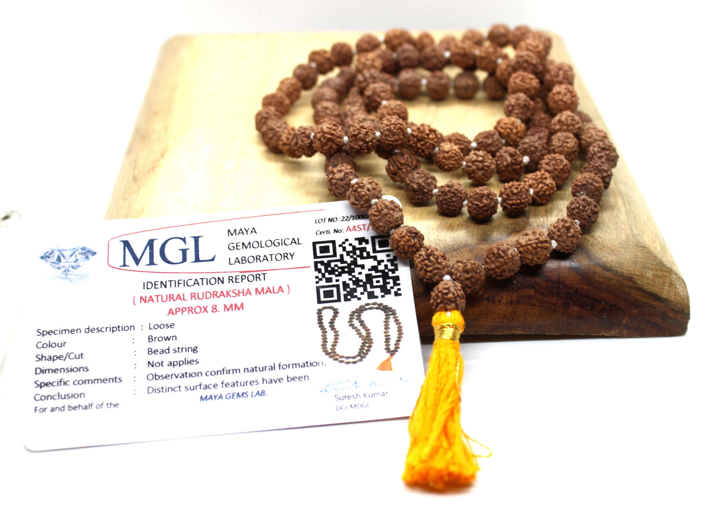 Lab Certified Rudraksha mala 8 mm knotted 108 +1 prayer beads, Long Orange Tassel necklace, mala india, yoga meditation buddhist prayer mala