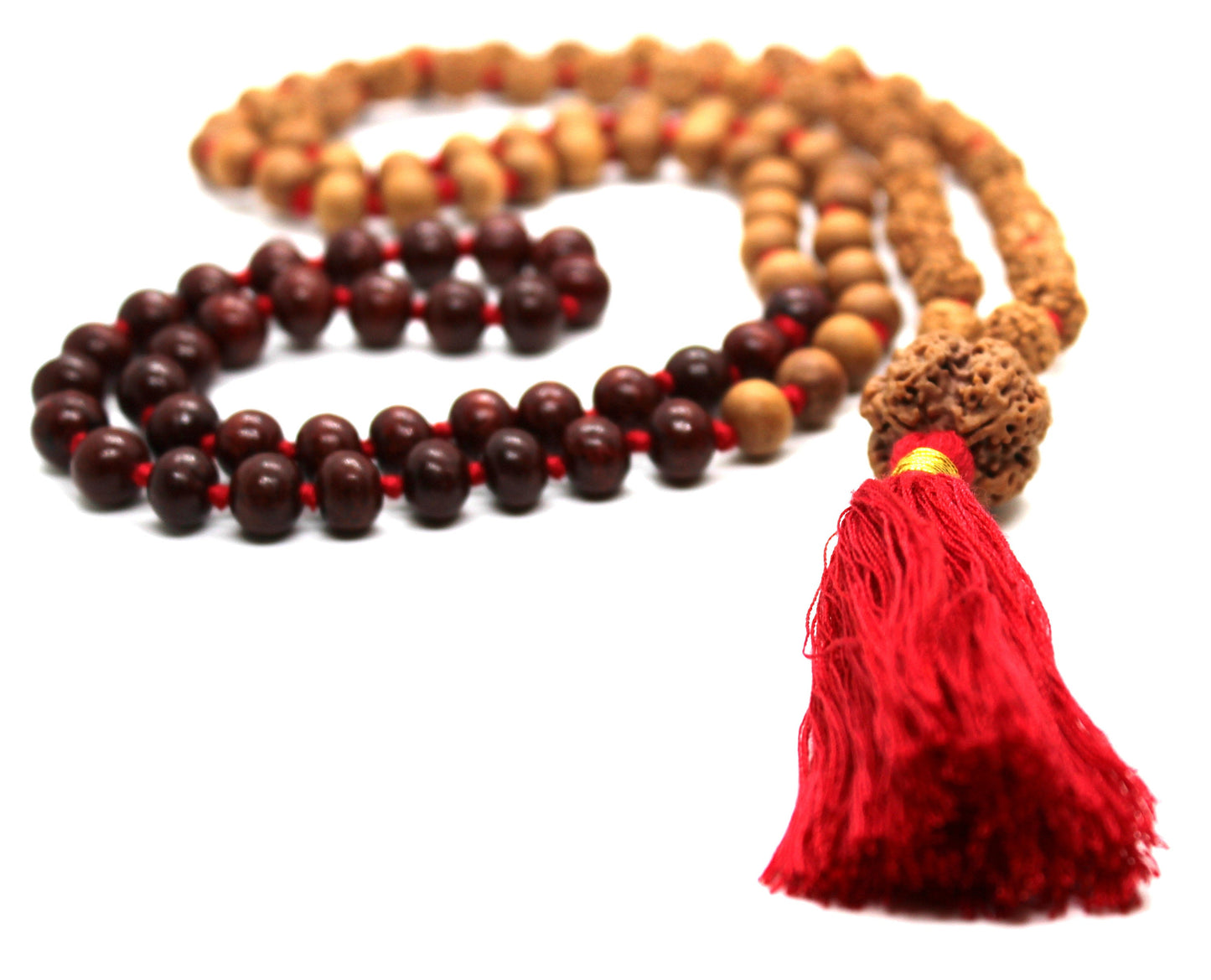 SAMADHI WOODEN Mala, Divine Wood Mala, Combination of Sandalwood Beads, Rosewood Bead, Rudraksha 5 Mukhi, Rudraksh Guru Bead Premium Mala