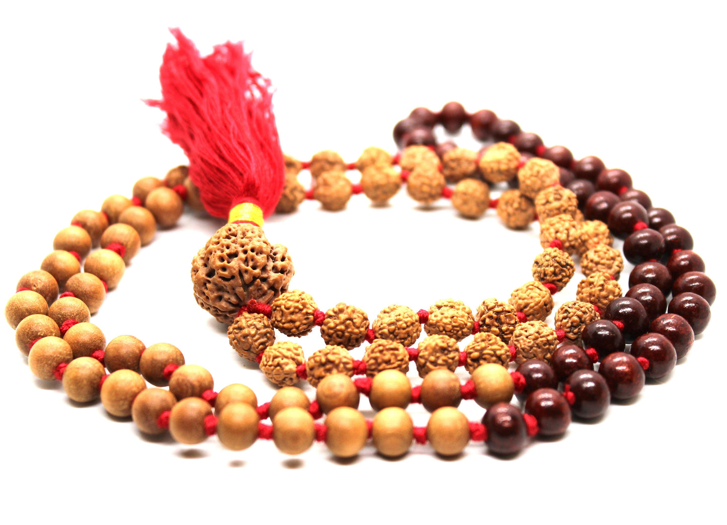 SAMADHI WOODEN Mala, Divine Wood Mala, Combination of Sandalwood Beads, Rosewood Bead, Rudraksha 5 Mukhi, Rudraksh Guru Bead Premium Mala