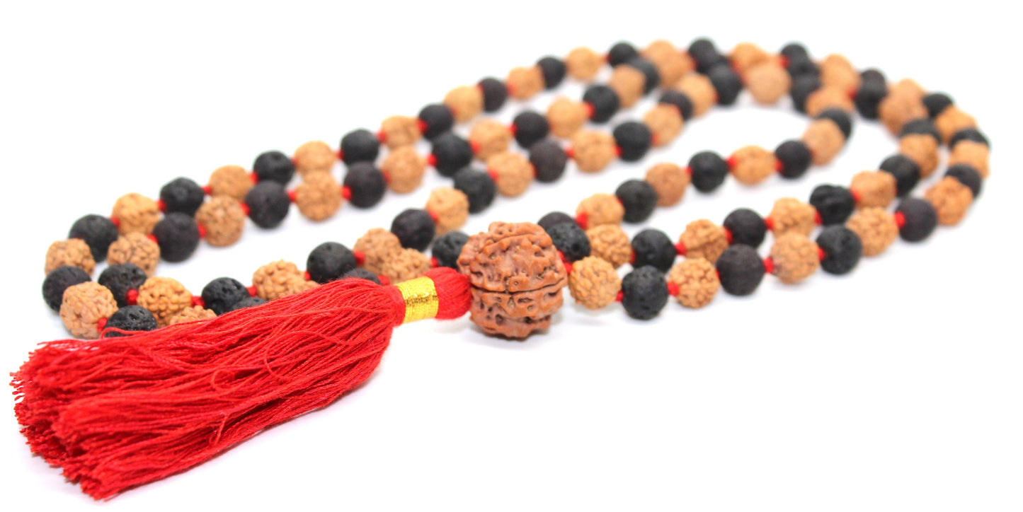 EARTH Divine Mala, Combination of Rudraksha Beads, Lava Rock Bead, Rudraksh 5 Mukhi Guru Bead Premium Mala, Lava beads mala neacklace