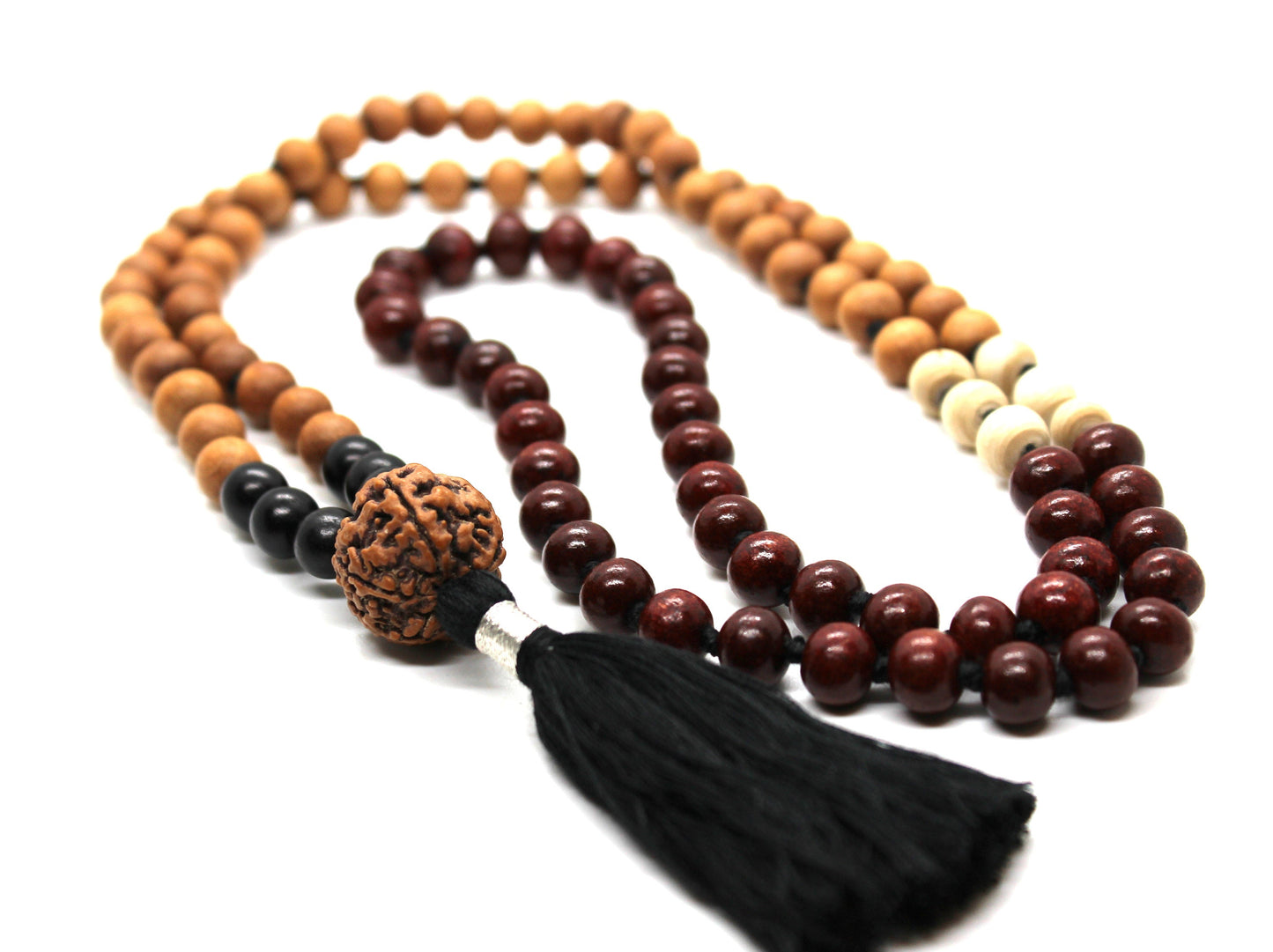 BHAKTI DEVOTION Mala, Combination of Sandalwood beads, Rosewood beads, Tulsi bead, Ebony Wood, Rudraksha Guru bead, 108 beads mala necklace