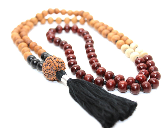 BHAKTI DEVOTION Mala, Combination of Sandalwood beads, Rosewood beads, Tulsi bead, Ebony Wood, Rudraksha Guru bead, 108 beads mala necklace