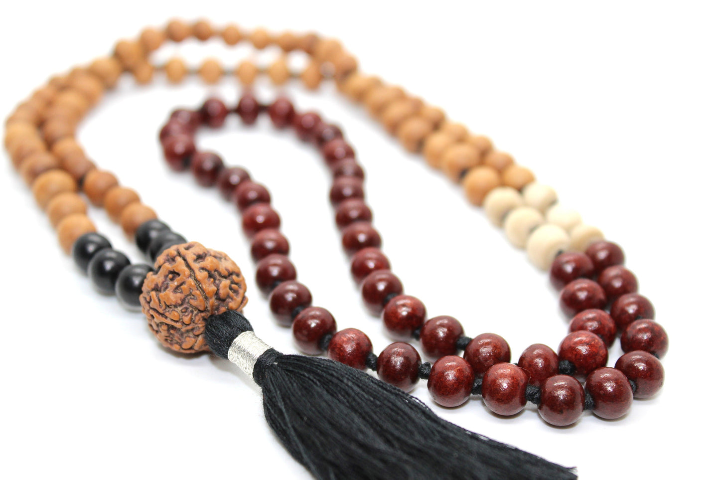 BHAKTI DEVOTION Mala, Combination of Sandalwood beads, Rosewood beads, Tulsi bead, Ebony Wood, Rudraksha Guru bead, 108 beads mala necklace