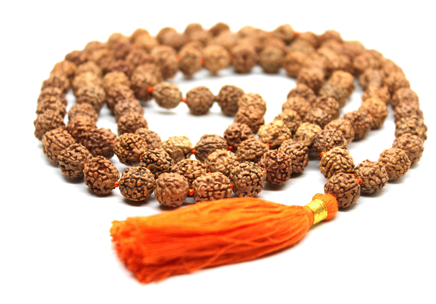 Rudraksha mala 10 MM knotted 108 +1 prayer beads, Long Orange Tassel necklace, mens mala india, yoga meditation buddhist tibetan prayer mala
