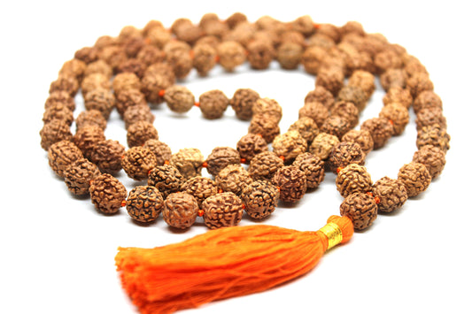 Rudraksha mala 10 MM knotted 108 +1 prayer beads, Long Orange Tassel necklace, mens mala india, yoga meditation buddhist tibetan prayer mala