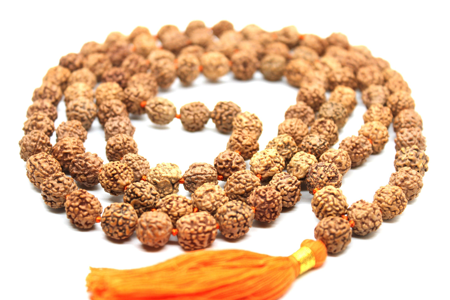 Rudraksha mala 10 MM knotted 108 +1 prayer beads, Long Orange Tassel necklace, mens mala india, yoga meditation buddhist tibetan prayer mala
