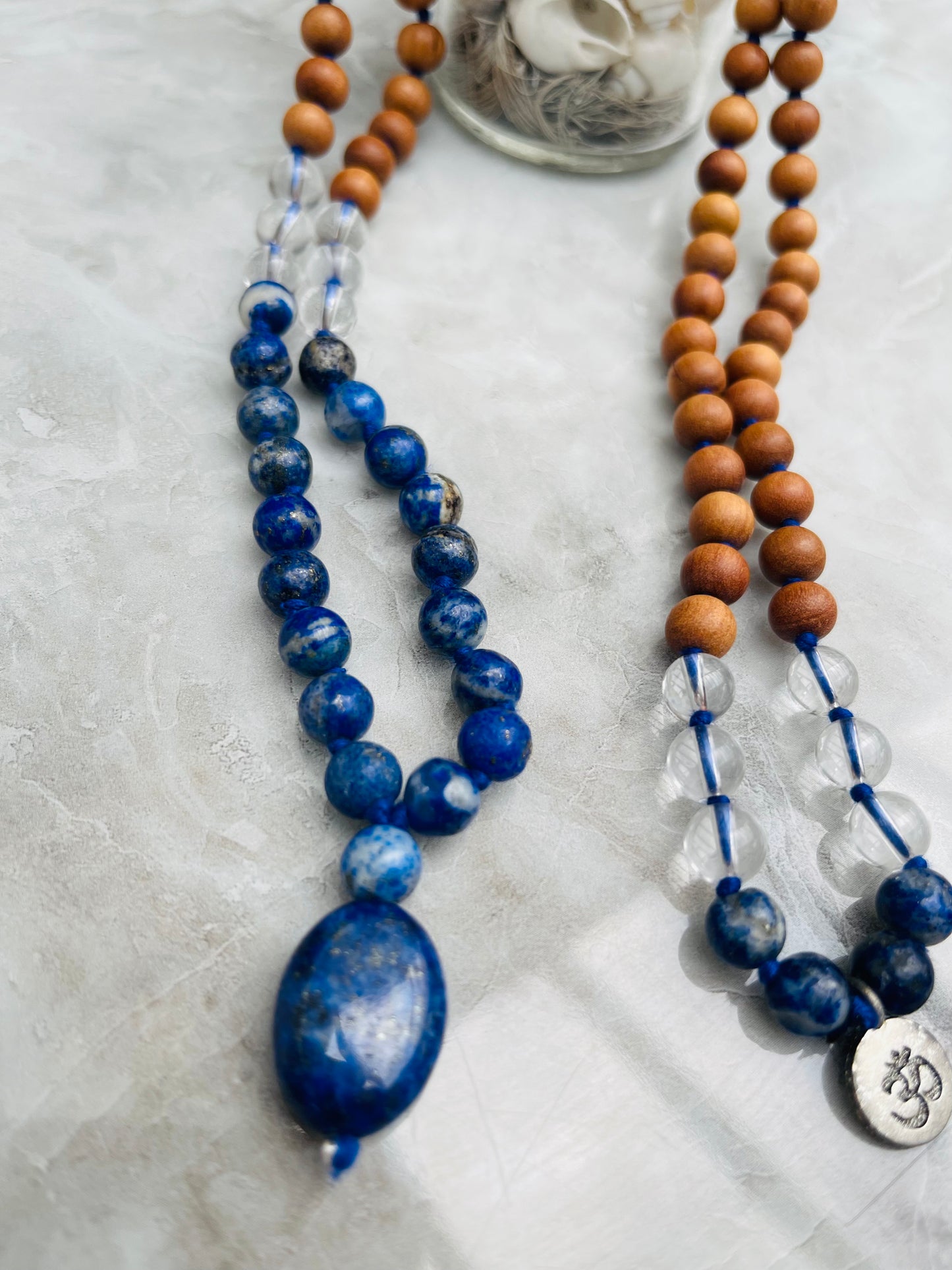 Sandalwood with Lapis Lazuli Japa Mala Crystal 108 beads OM mala with Lapis pendant purified & blessed Unisex Necklace Mens Women Japa Yoga