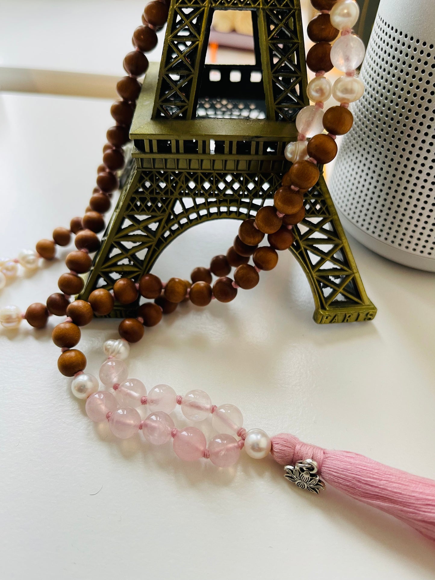 HEALING Mala - Sandalwood, Rose Quartz & Pearl Mala - love, adventure, wisdom women's tassel necklace | 108 beads with Pink Tassel and Lotus