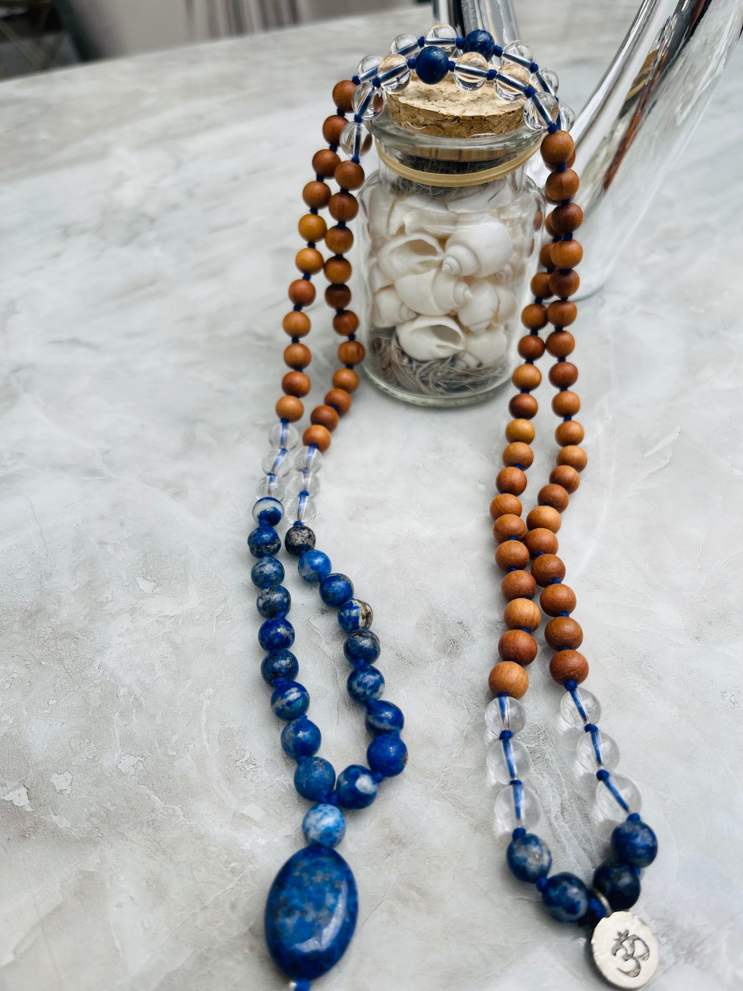 Sandalwood with Lapis Lazuli Japa Mala Crystal 108 beads OM mala with Lapis pendant purified & blessed Unisex Necklace Mens Women Japa Yoga