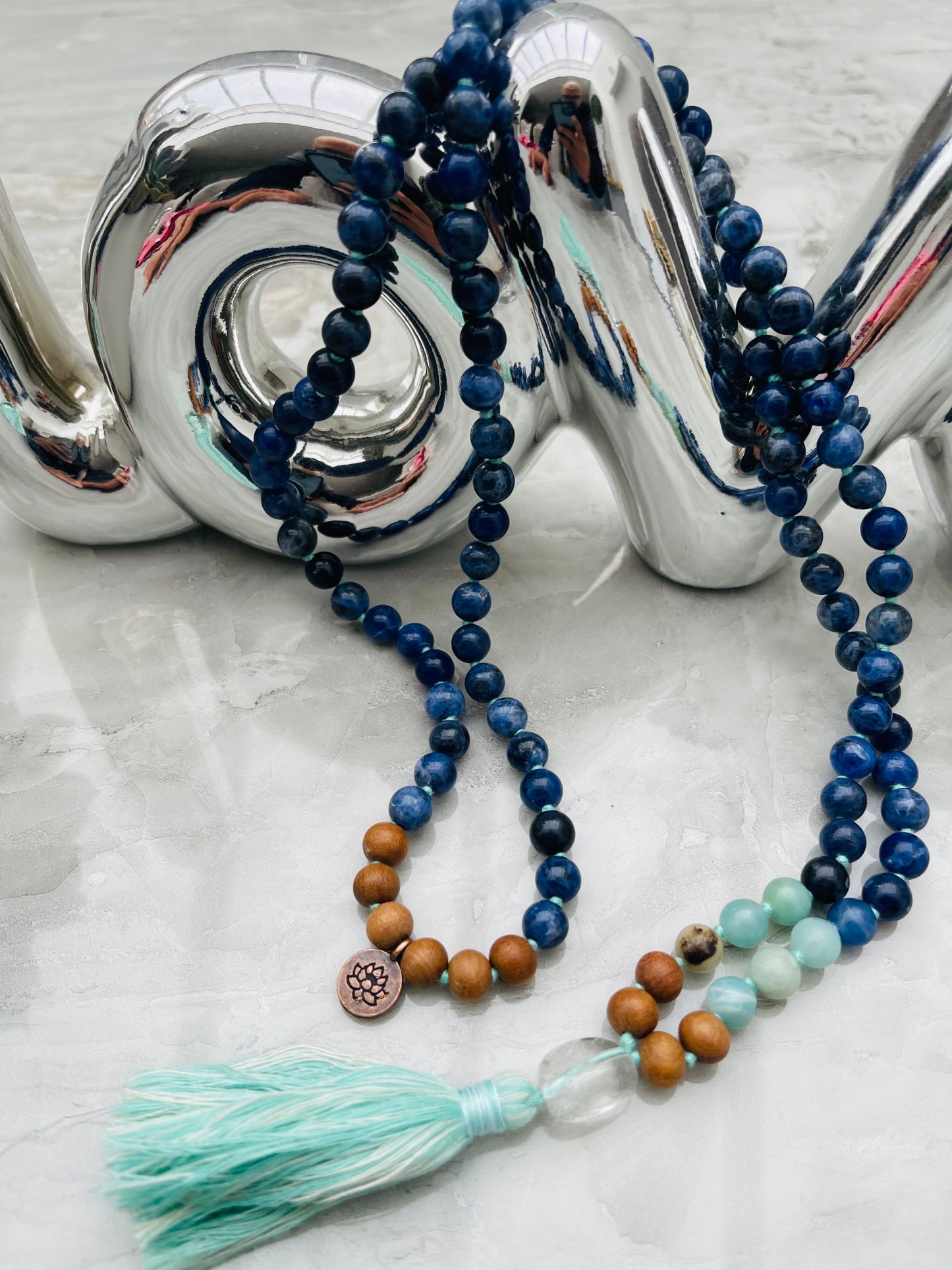 Sodalite, Amazonite, Sandalwood & Clear Quartz Guru Bead Mala with Lotus Charm YOGA JAPA Mala Rosary Beads Handmade premium OM